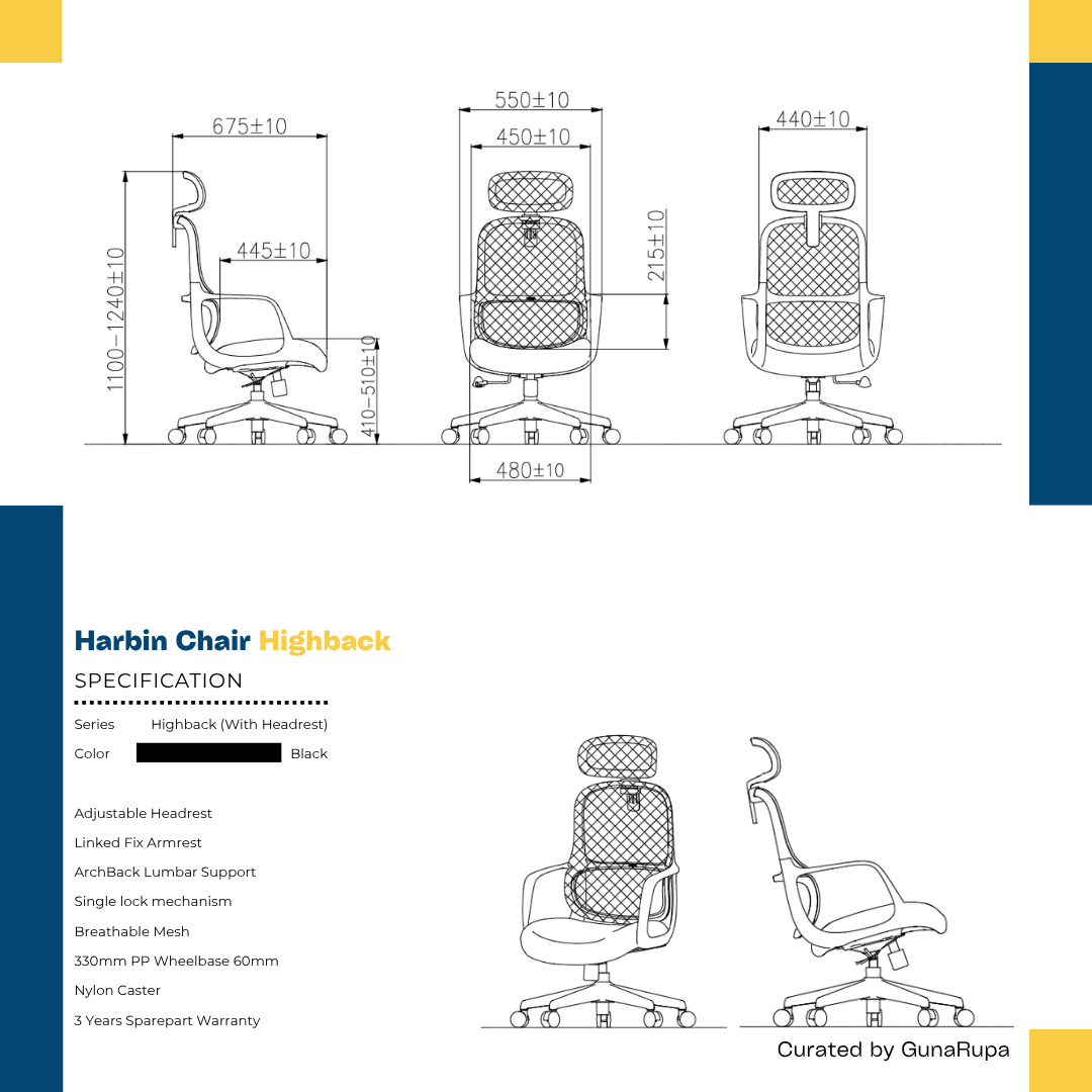 HARBIN CHAIR HIGHBACK BLACK (WITH HEADREST)