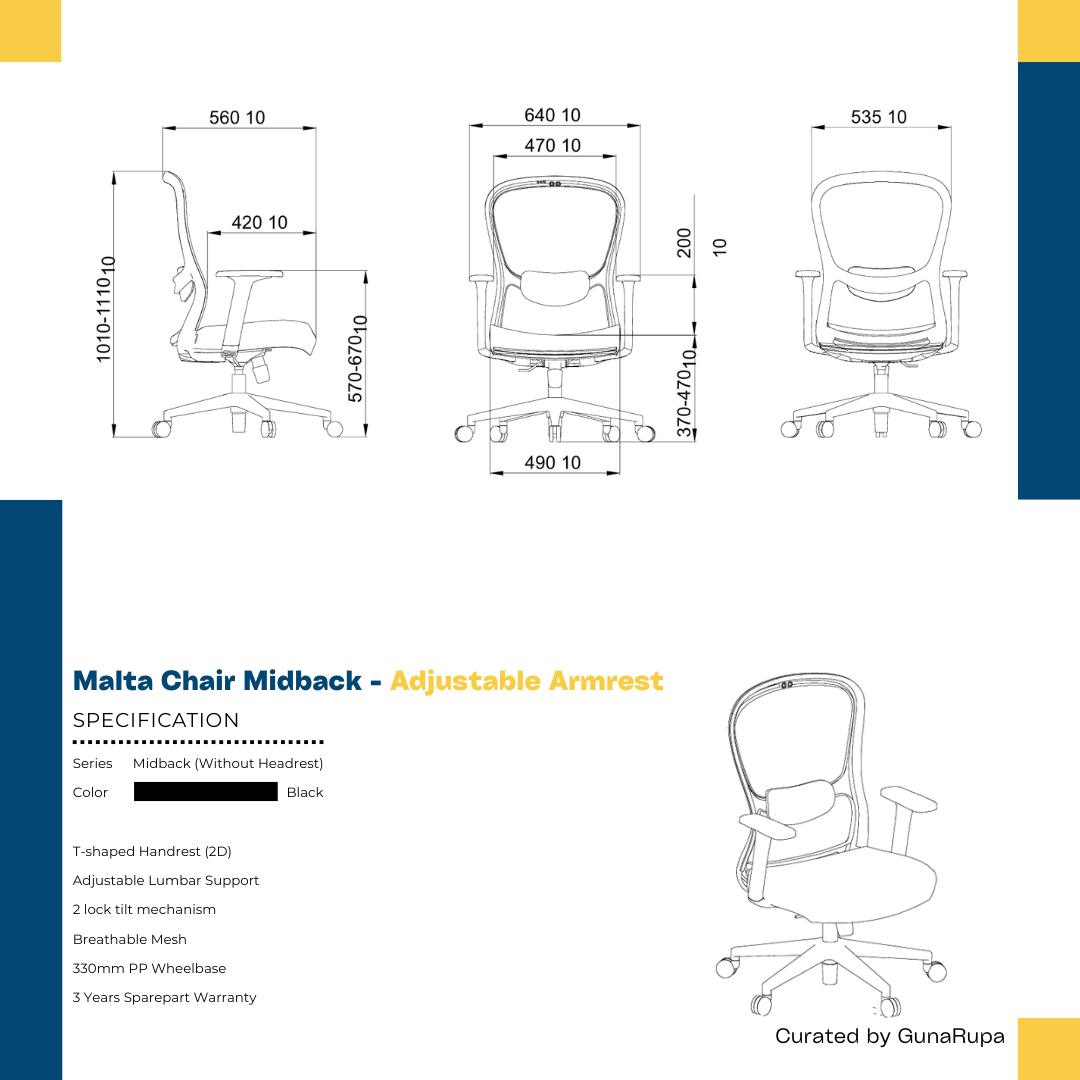 MALTA MIDBACK BLACK (ADJUSTABLE UP/DOWN ARMREST)